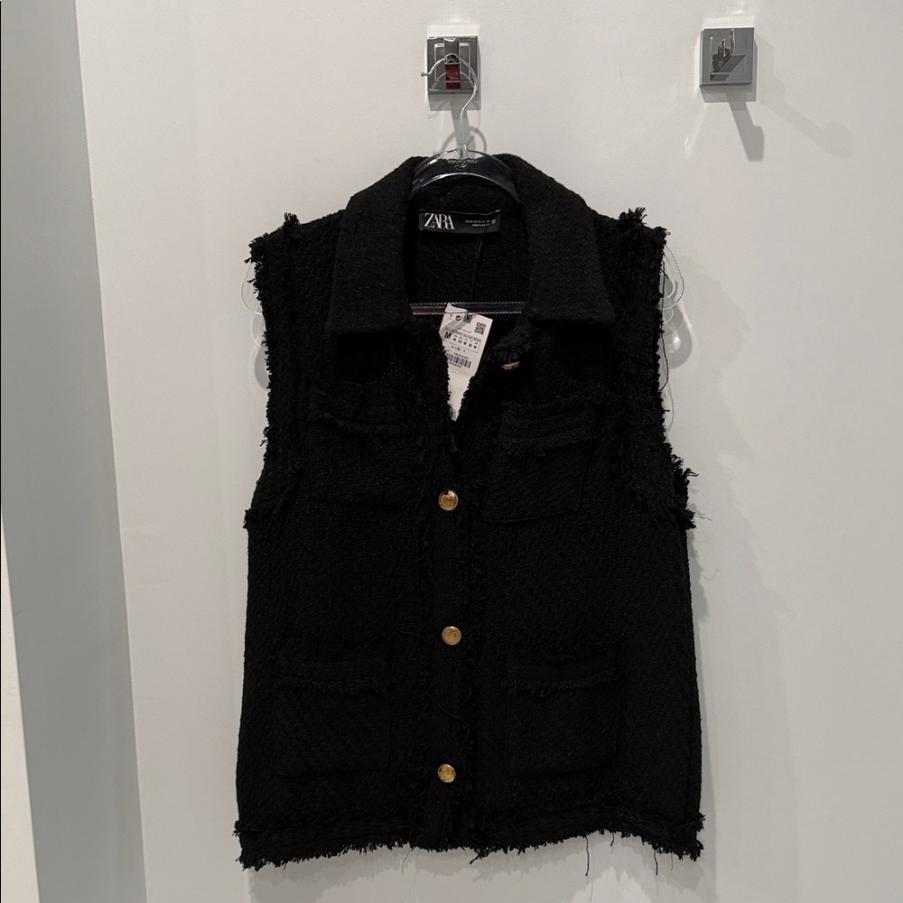 Zara Black Tweed Vest with Gold Accents
